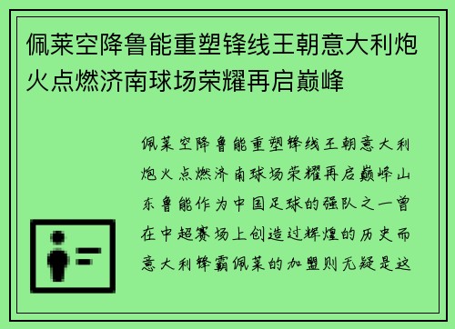 佩莱空降鲁能重塑锋线王朝意大利炮火点燃济南球场荣耀再启巅峰