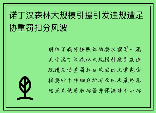 诺丁汉森林大规模引援引发违规遭足协重罚扣分风波