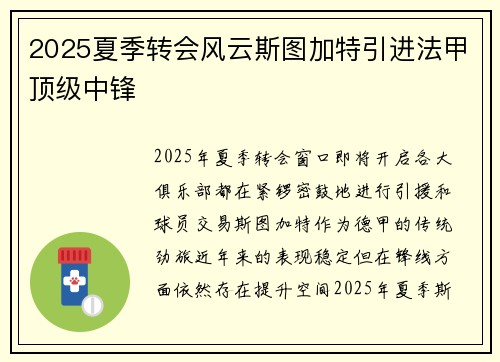 2025夏季转会风云斯图加特引进法甲顶级中锋